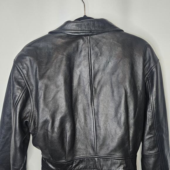 Vtg WILSONS LEATHER Black Leather Jacket Women’s Large Belted Midi Trench Coat - Picture 7 of 10